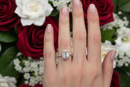 14k Rose Gold LAB Emerald/Marquise diamond band Ring (Center EM DIAMOND 1.00CTR) Total 2.45CTW
