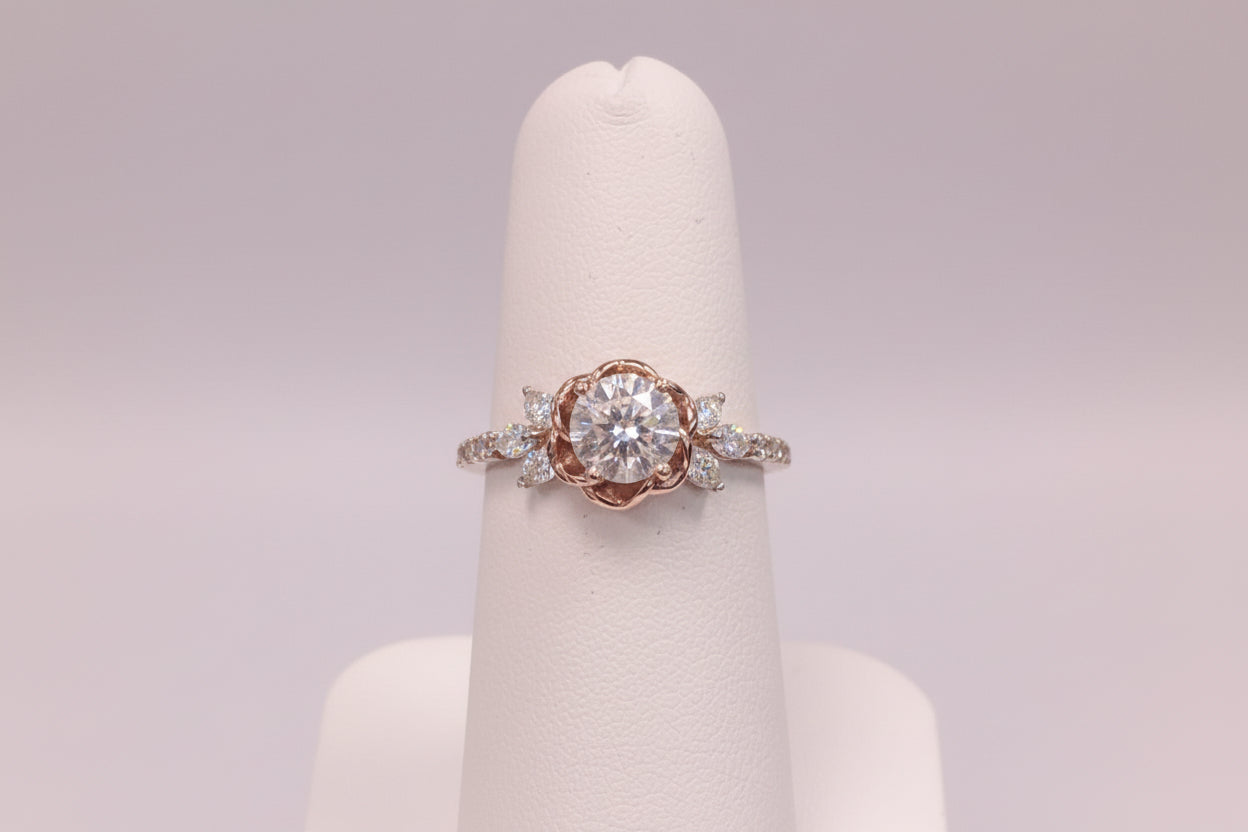 14k Yellow/Rose Gold LAB Flower Ladies Ring (Center Round DIAMOND 1.00CTR) Total 2.60CTW
