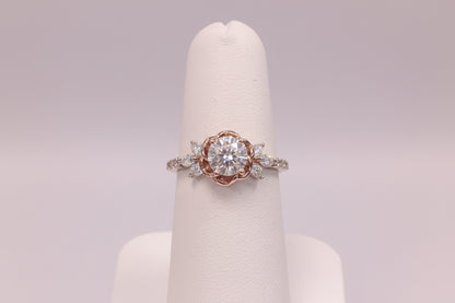 14k Yellow/Rose Gold LAB Flower Ladies Ring (Center Round DIAMOND 1.00CTR) Total 2.60CTW