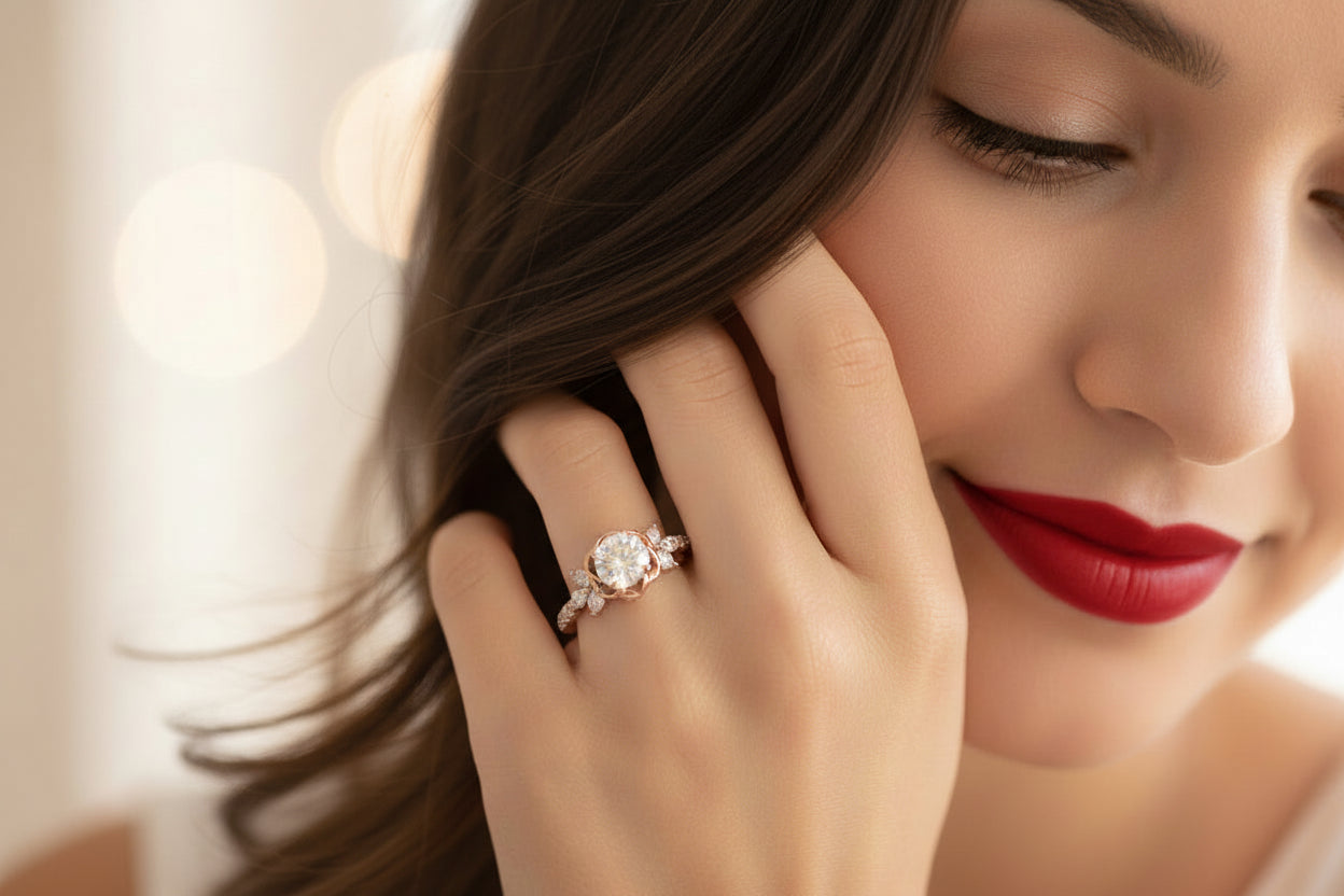 14k Yellow/Rose Gold LAB Flower Ladies Ring (Center Round DIAMOND 1.00CTR) Total 2.60CTW