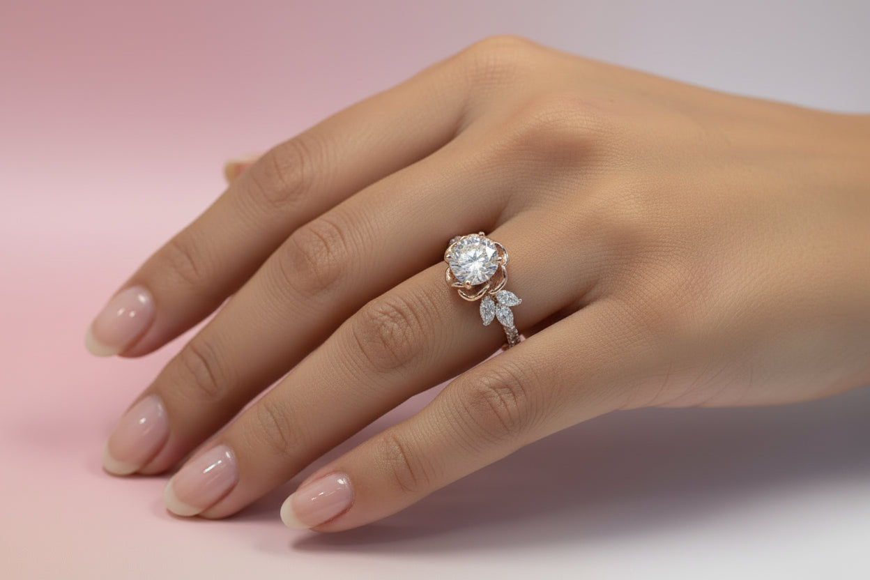 14k Yellow/Rose Gold LAB Flower Ladies Ring (Center Round DIAMOND 1.00CTR) Total 2.60CTW