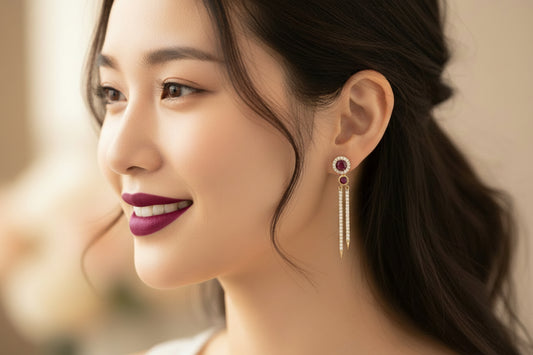 14k Yellow Gold Birthstone  Ruby Dangly Earings DIAMOND 0.33CTW