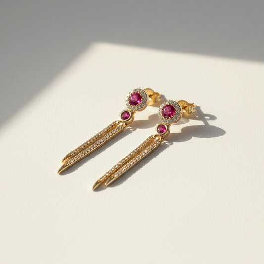 14k Yellow Gold Birthstone  Ruby Dangly Earings DIAMOND 0.33CTW