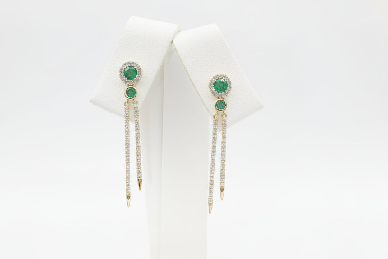14k Yellow Gold Emerald Round Natural Dangly Earings DIAMOND 0.33CTW