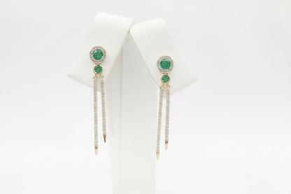 14k Yellow Gold Emerald Round Natural Dangly Earings DIAMOND 0.33CTW