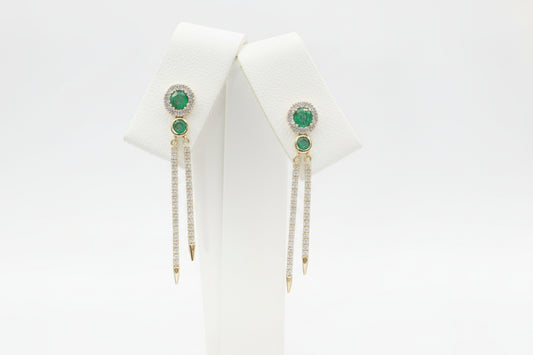 14k Yellow Gold Emerald Round Natural Dangly Earings DIAMOND 0.33CTW