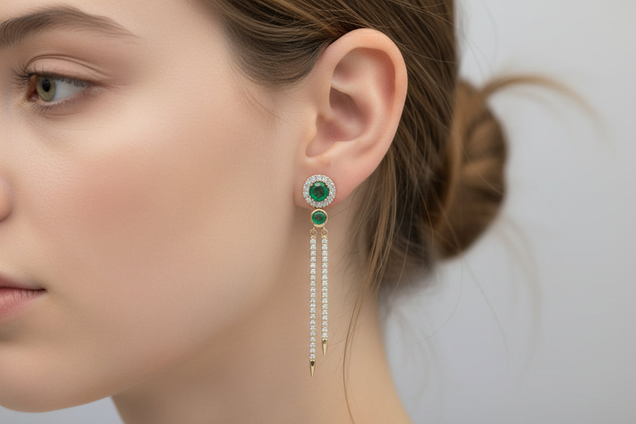 14k Yellow Gold Emerald Round Natural Dangly Earings DIAMOND 0.33CTW
