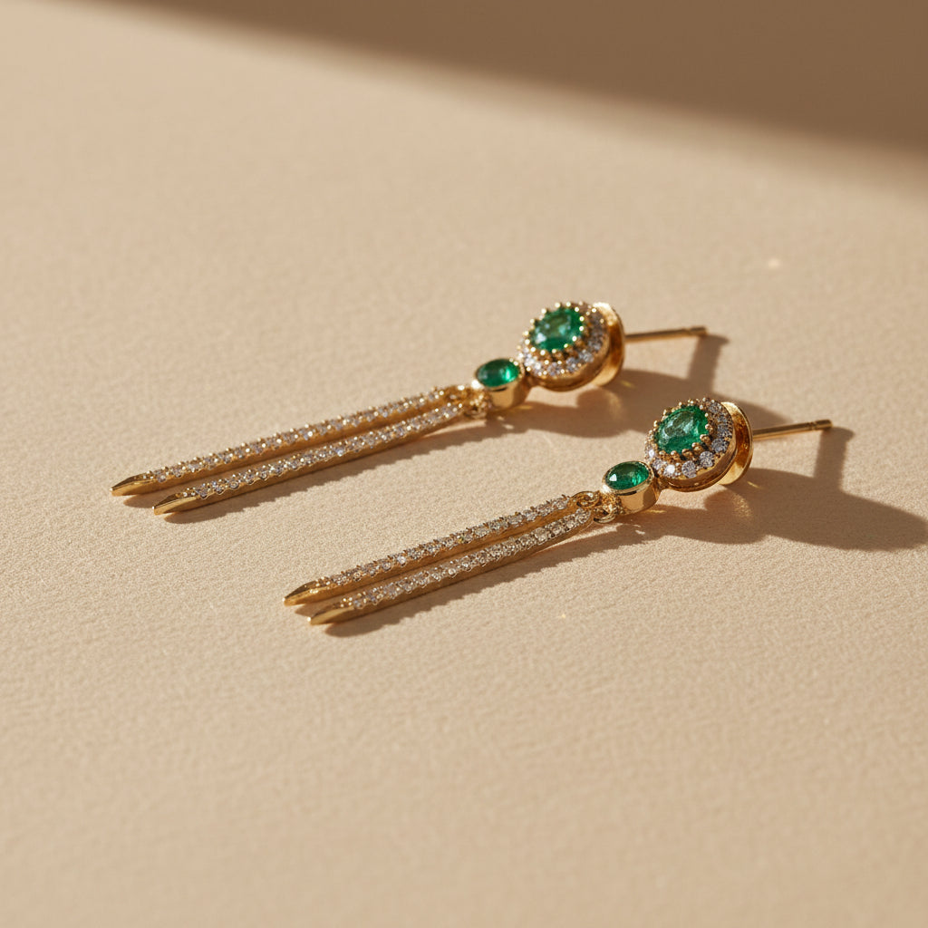 14k Yellow Gold Emerald Round Natural Dangly Earings DIAMOND 0.33CTW
