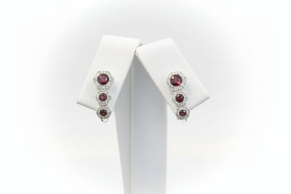 10k White Gold Garnet Half Dangly/ Hoop Birthstone Earings DIAMOND 0.22CTW