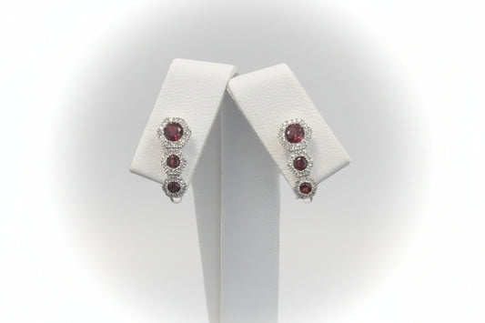 10k White Gold Garnet Half Dangly/ Hoop Birthstone Earings DIAMOND 0.22CTW