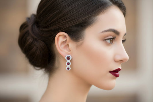 10k White Gold Garnet Half Dangly/ Hoop Birthstone Earings DIAMOND 0.22CTW