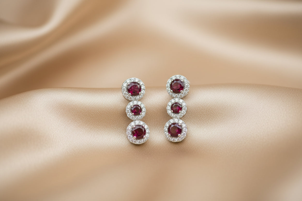 10k White Gold Garnet Half Dangly/ Hoop Birthstone Earings DIAMOND 0.22CTW