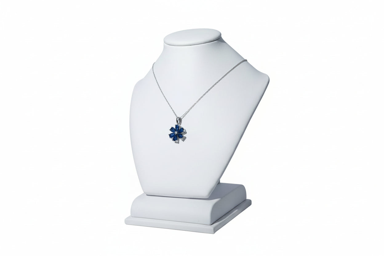 14k White Gold Sapphire Flower Birthstone Necklace DIAMOND 0.10CTW