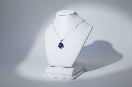 14k White Gold Sapphire Flower Birthstone Necklace DIAMOND 0.10CTW