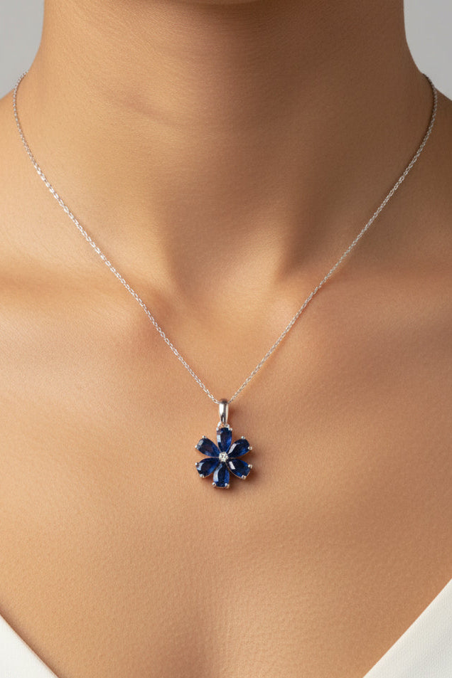 14k White Gold Sapphire Flower Birthstone Necklace DIAMOND 0.10CTW