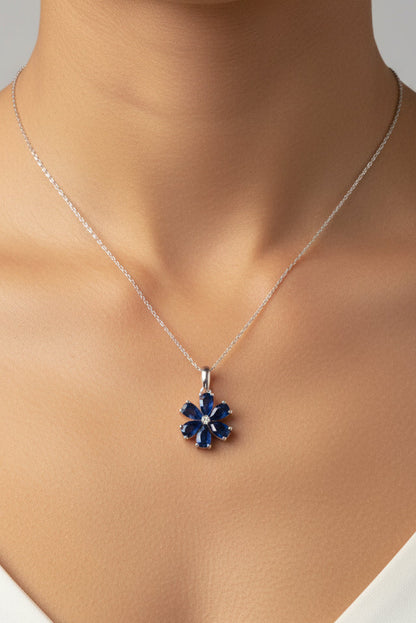 14k White Gold Sapphire Flower Birthstone Necklace DIAMOND 0.10CTW