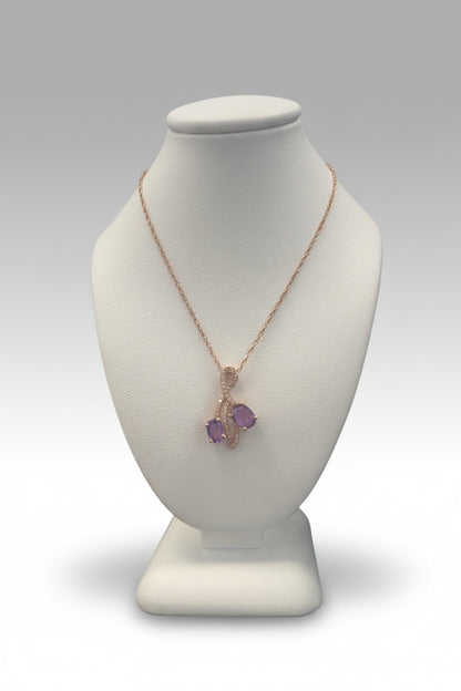 10k Rose Gold Pink Sapphire Oval Birthstone  Necklace DIAMOND 0.20CTW
