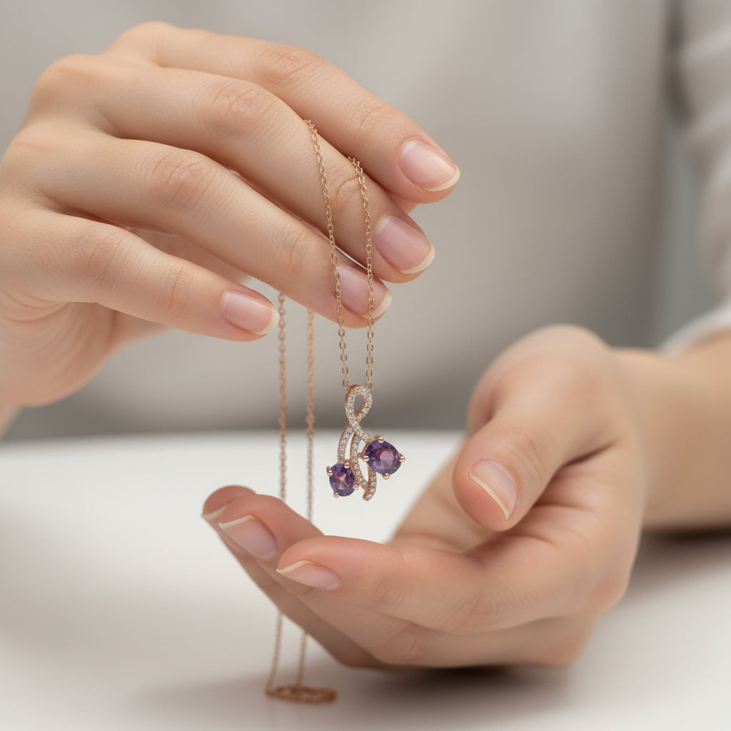 10k Rose Gold Pink Sapphire Oval Birthstone  Necklace DIAMOND 0.20CTW