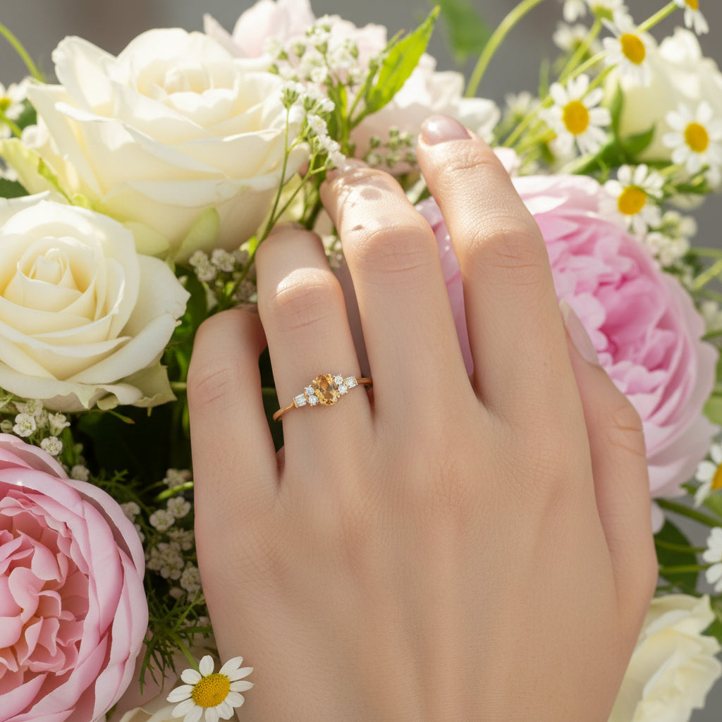 10k Yellow gold Oval Citrine DIAMOND 0.08CTW Birthstone Ring