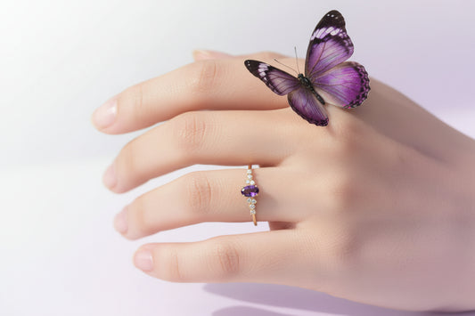 10k Yellow Gold Oval amethyst DIAMOND 0.10CTW  Birthstone Ring