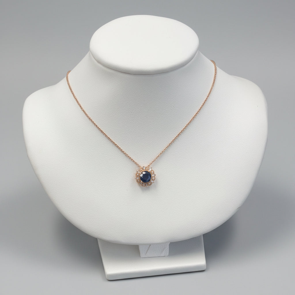 14k Rose Gold Sapphire Round DIAMOND 0.13CTW Birthstone Necklace