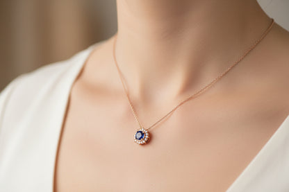 14k Rose Gold Sapphire Round DIAMOND 0.13CTW Birthstone Necklace