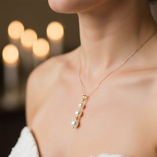 14k Yellow Fold Pearl Dangly Birthstone Necklace