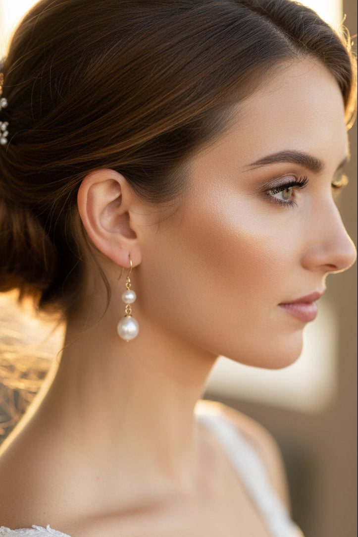 10k Yellow Gold Pearl Dangly Birthstone Earings