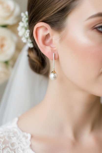 14k Yellow Gold Pearl Dangly DIAMOND 0.12CTW Birthstone Earings