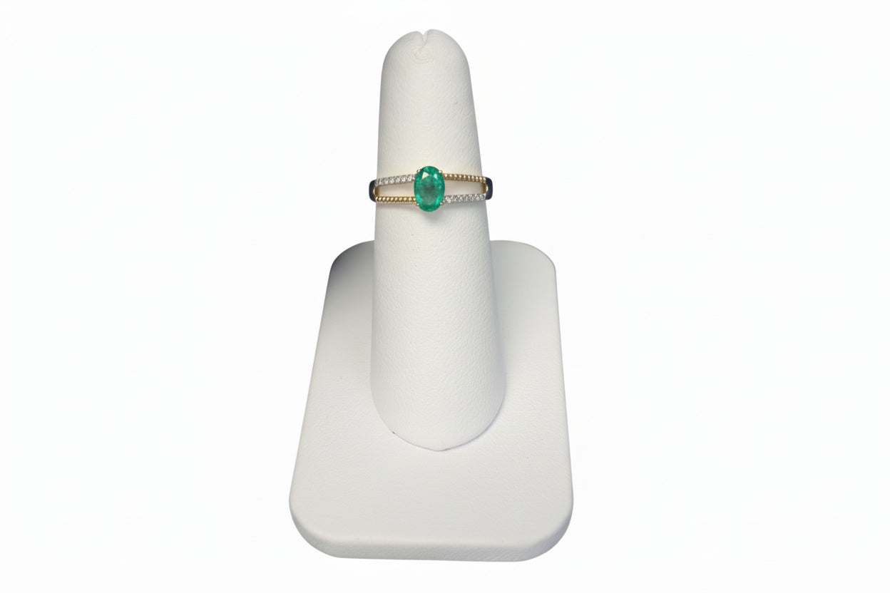 14k Yellow Gold Oval Emerald  Half Double Birthstone Band DIAMOND 0.07CTW
