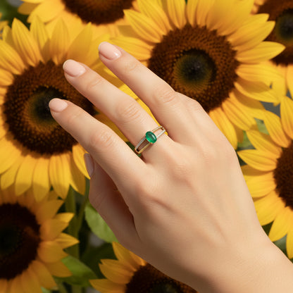 14k Yellow Gold Oval Emerald  Half Double Birthstone Band DIAMOND 0.07CTW