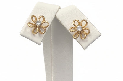 14k Yellow Gold Rope Style Flower Studs DIAMOND 0.20CTW Earings