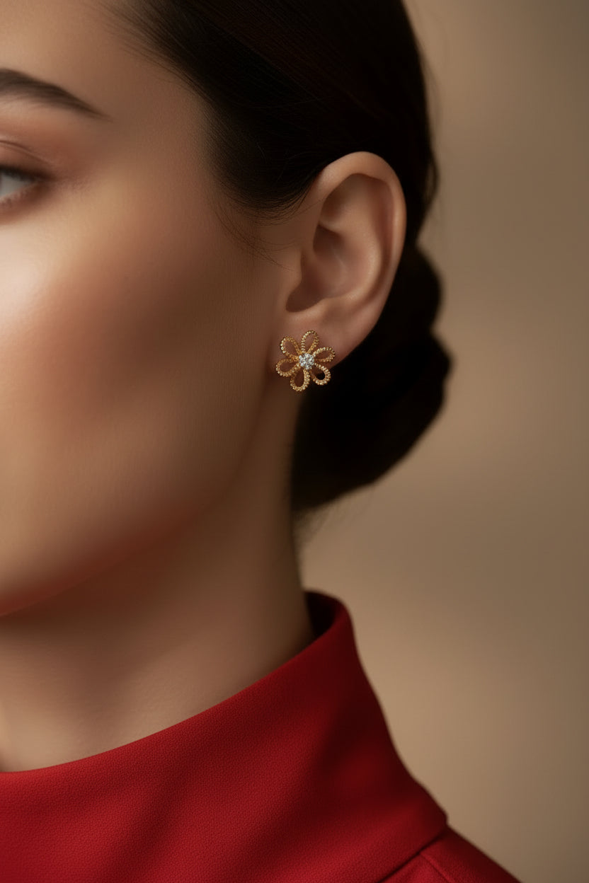 14k Yellow Gold Rope Style Flower Studs DIAMOND 0.20CTW Earings