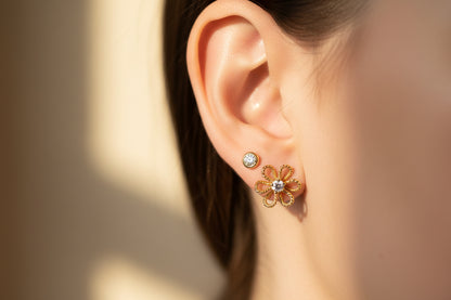 14k Yellow Gold Rope Style Flower Studs DIAMOND 0.20CTW Earings