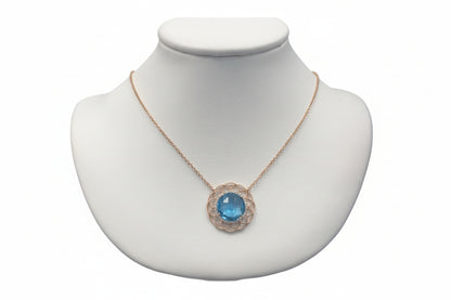 14k Rose Gold Round Blue Topaz DIAMOND 0.19CTW  Birthstone Necklace