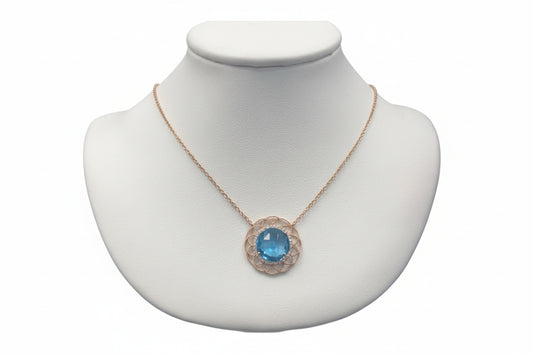 14k Rose Gold Round Blue Topaz DIAMOND 0.19CTW  Birthstone Necklace