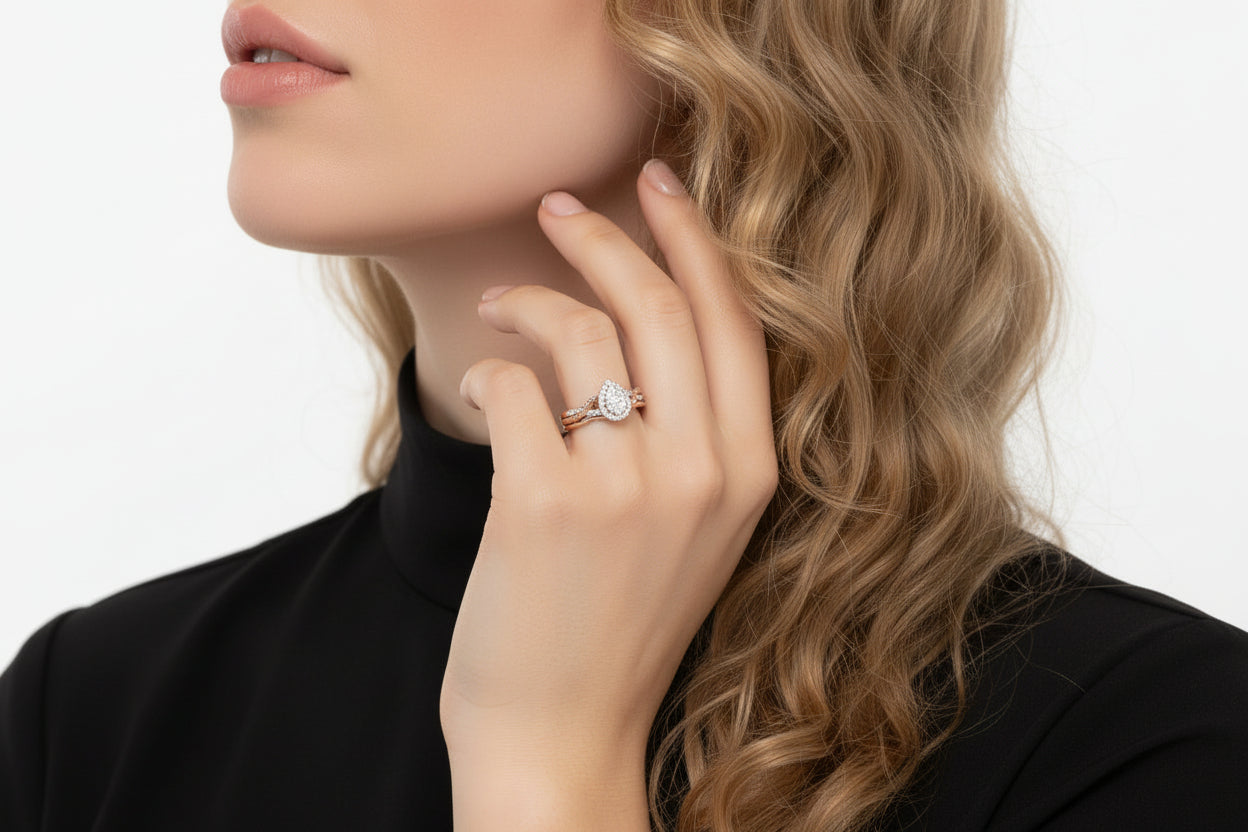 10k Rose Gold Twist Pear DIAMOND 0.32CTW Cluster Ring Set