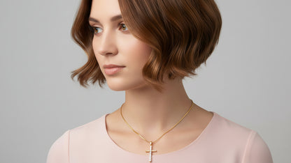 10k Yellow Gold LAB Cross/ Beaded DIAMOND 0.33CTW Necklace