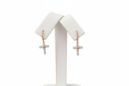 10k Yellow Gold LAB Round Beaded/ DIAMOND 0.56CTW  Cross Dangly Hoops
