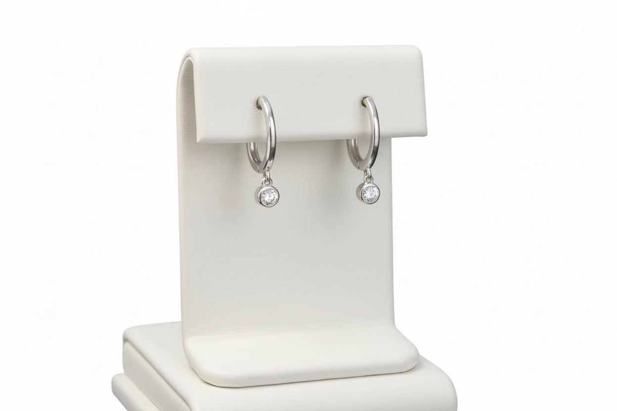 10k White Gold LAB Bezel DIAMOND 0.20CTW Dangly Hoops