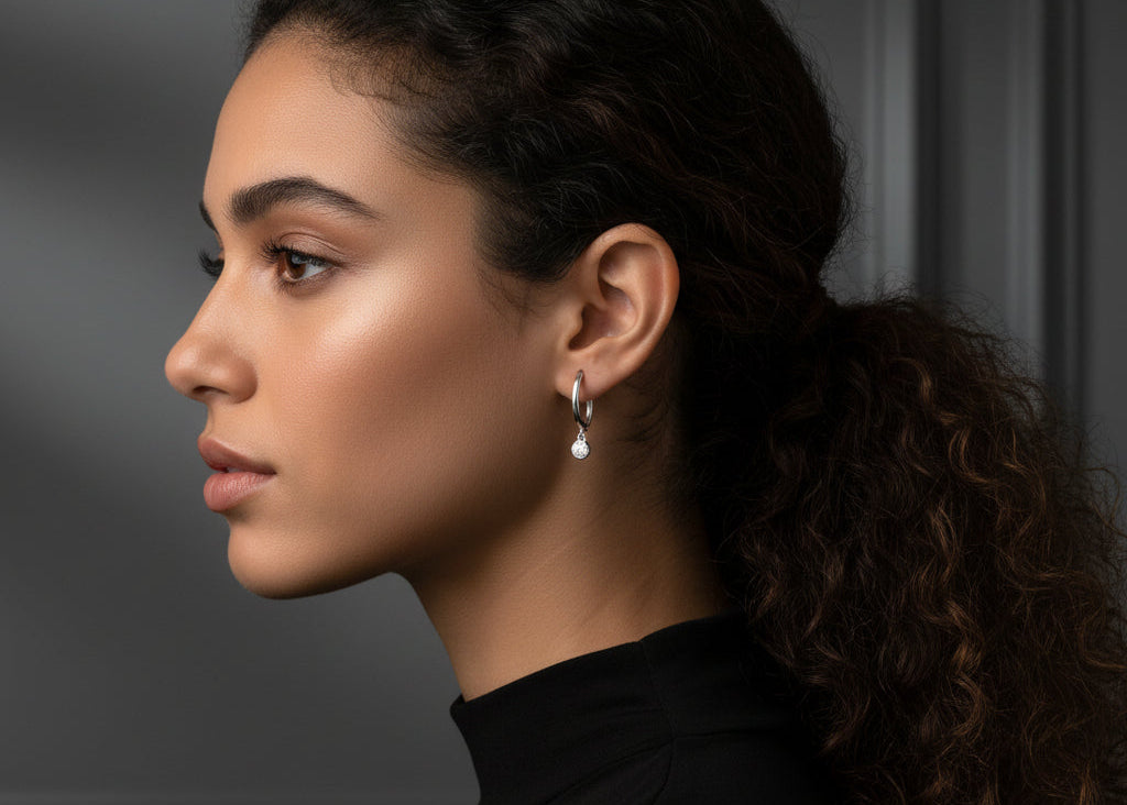 10k White Gold LAB Bezel DIAMOND 0.20CTW Dangly Hoops