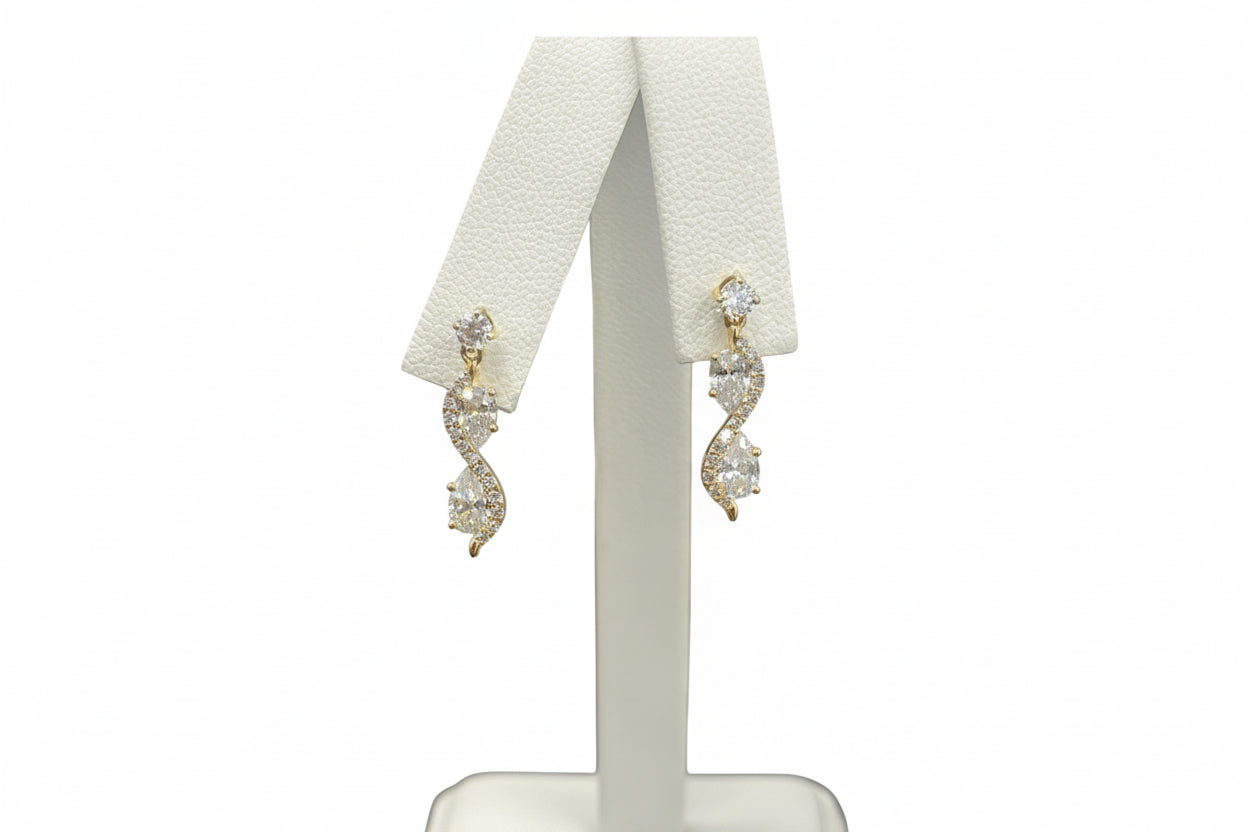 14k Yellow Gold LAB Round/Pear Dangly Earings DIAMOND 1.50CTW
