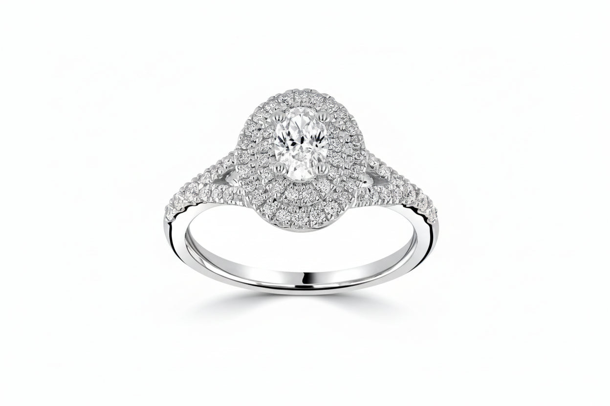 14k White Gold Oval Double Halo LAB Ring (Center Oval 0.80CTR) Total 1.50CTW