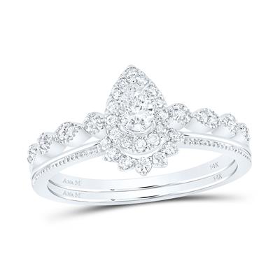 14K WHITE GOLD PEAR DIAMOND BRIDAL WEDDING RING SET 3/8 CTTW (CERTIFIED)