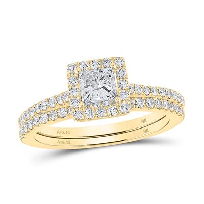 14K YELLOW GOLD PRINCESS DIAMOND SQUARE HALO BRIDAL WEDDING RING SET 1-1/4 CTTW (CERTIFIED)