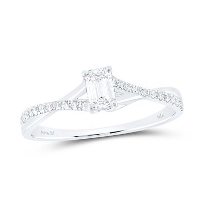 14K WHITE GOLD EMERALD DIAMOND SOLITAIRE BRIDAL ENGAGEMENT RING 3/8 CTTW (CERTIFIED)