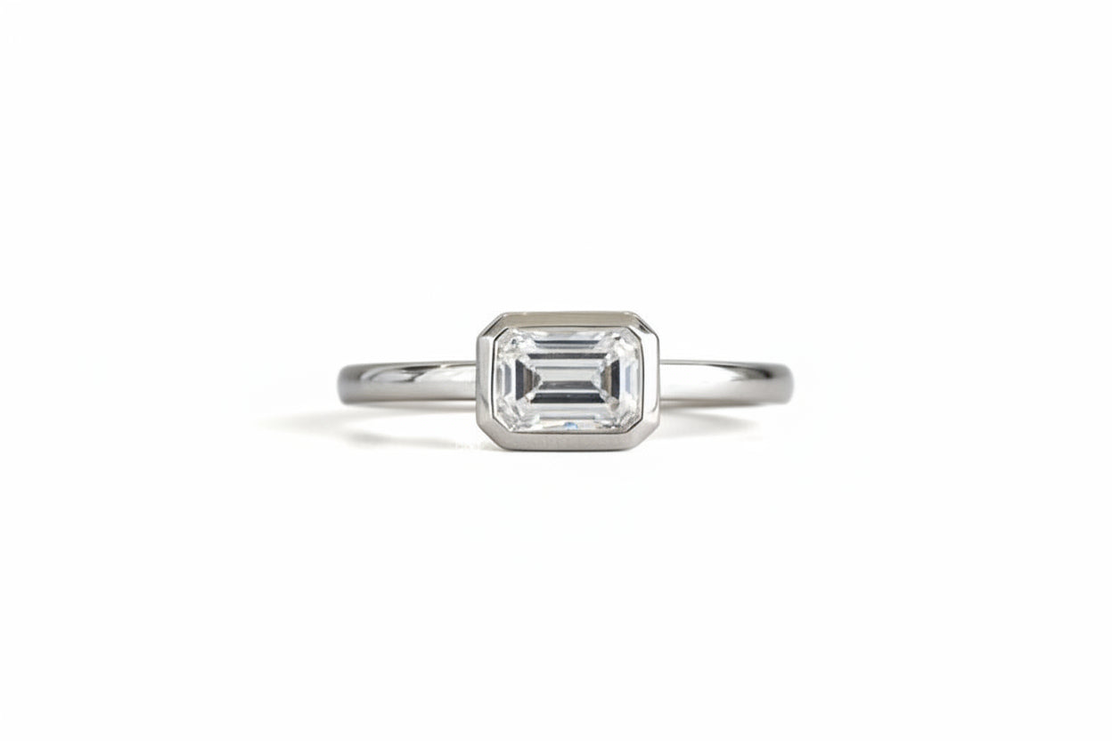 14k White Gold Emerald East-West Bezel Lab Ladies Ring Diamond 0.82CTW