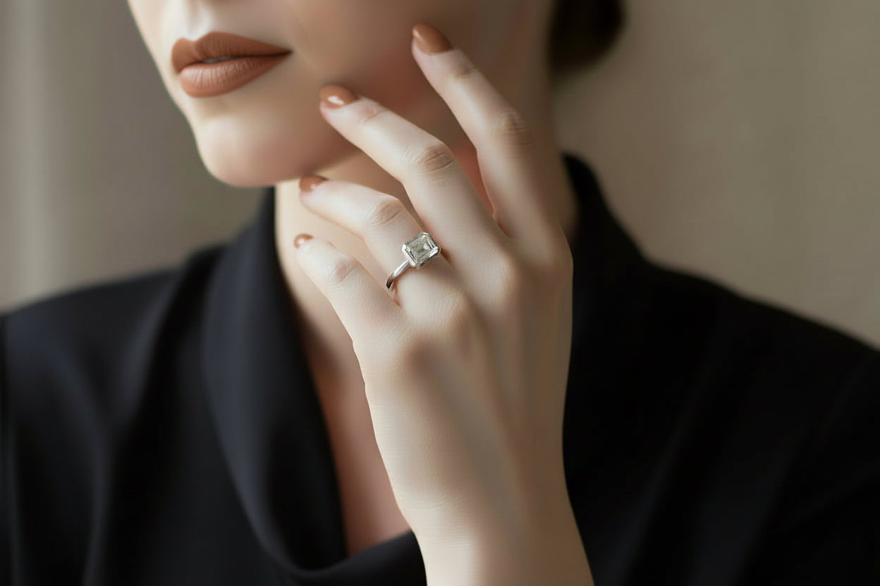14k White Gold Emerald East-West Bezel Lab Ladies Ring Diamond 0.82CTW