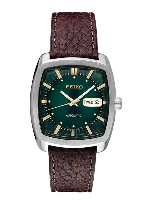 Seiko SNKP27 Recraft automatic watch with green dial and brown leather strap