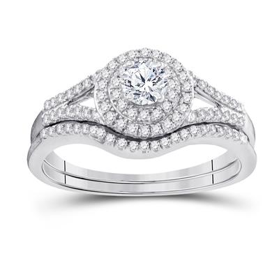 10K WHITE GOLD ROUND DIAMOND CONCENTRIC HALO BRIDAL ENGAGEMENT RING SET 1/2 CTTW